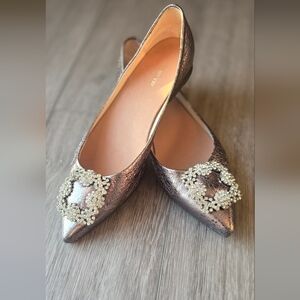 Anthropologie All Black Embellished Crystal Classic Flats Silver Women 38.5